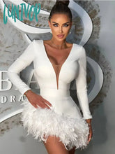 Lunivop Winter Fashion Women Sexy V Neck Long Sleeve Feather Black White Mini Bandage Dress Elegant